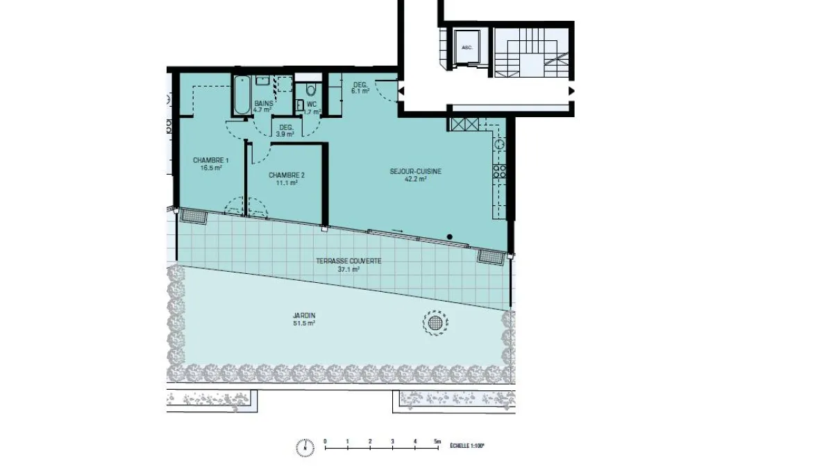 3.5 pièces de 120m2 avec terrasses de 37m2 et jardin privatif de 51m2