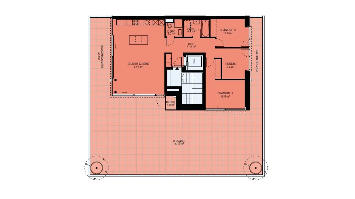 Luxueux 4.5 pièces d'angle de 168m2 avec terrasse de 117m2 au 2ème étage