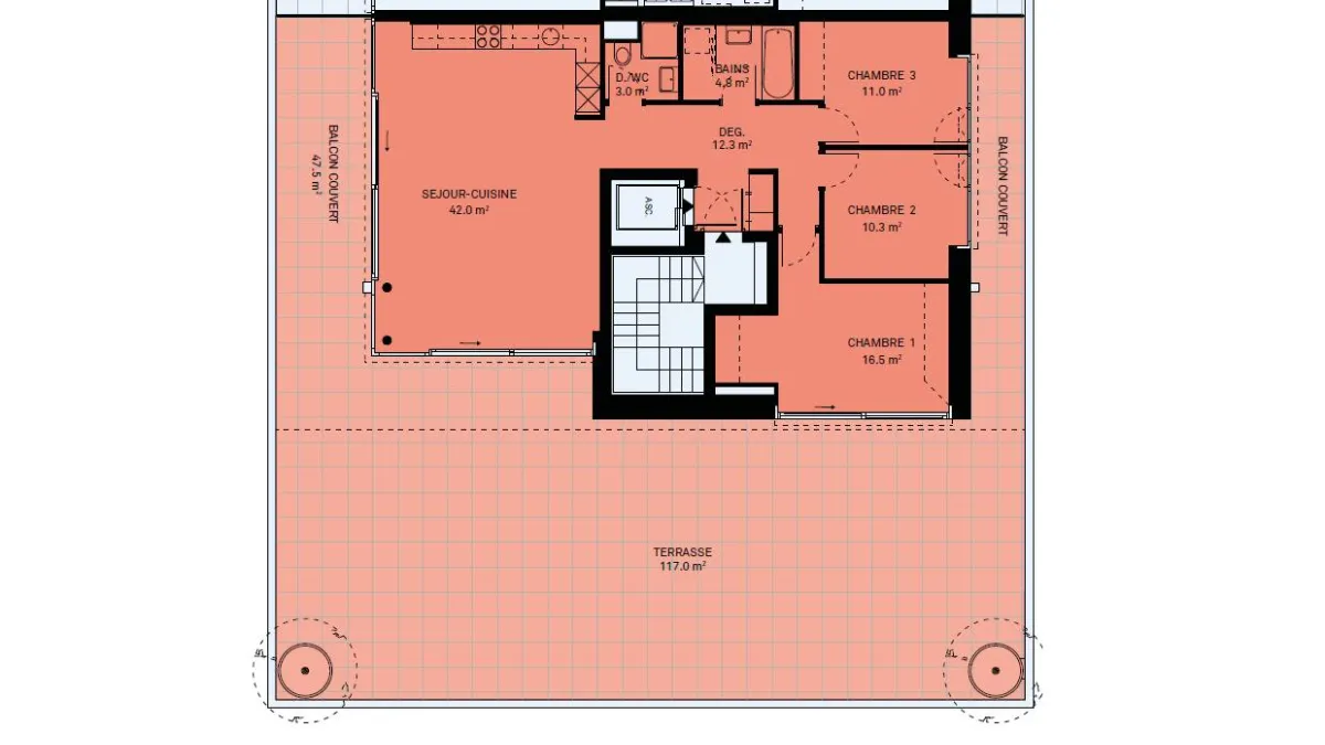 Luxueux 4.5 pièces avec terrasse 117m2 et balcon de 47m2, ascenseur privatif au 2 ème étage