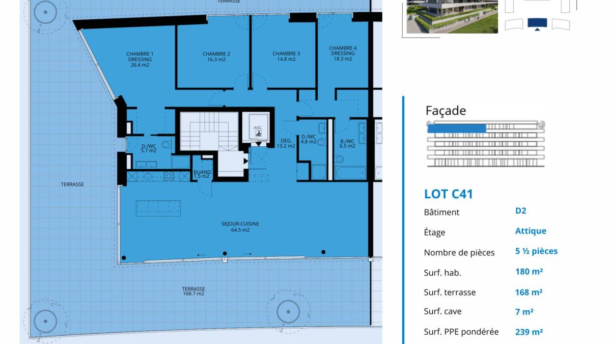 UNIQUE! Attique de 5.5 pièces de 180m2 bénéficiant d'un rooftop terrasse de 168m2 avec vue panoramique sur le lac et les Alpes