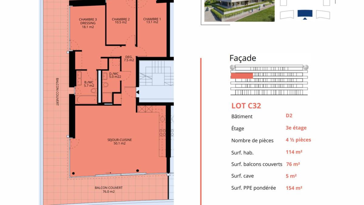 Luxueux 4.5 pièces traversant avec balcon couvert de 76m2 et vue lac
