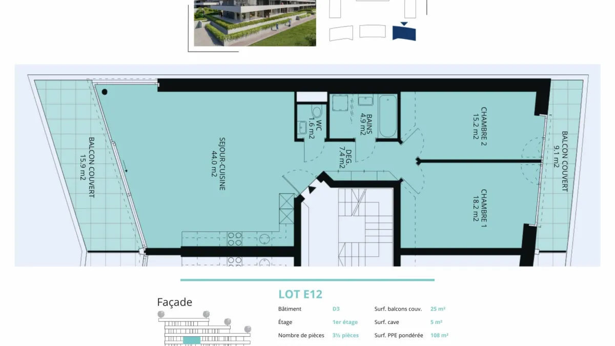 Spacieux 3.5 pièces traversant de 108m2 avec 2 balcons et vue sur le lac