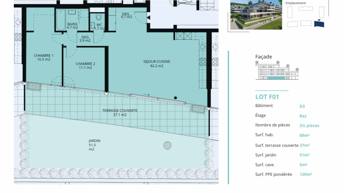 Appartement neuf 3.5 pièces de 120m2 avec terrasse de 37m2 et jardin privatif de 51m2