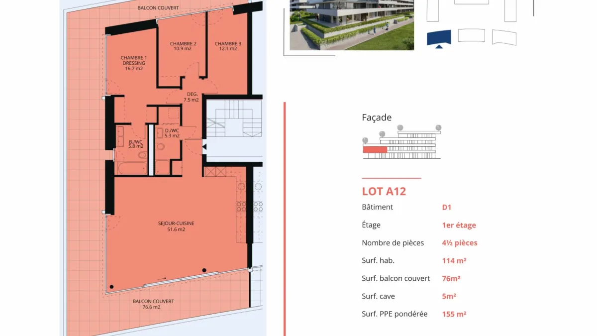 Appartement meuf de 4.5 pièces avec balcon couvert
