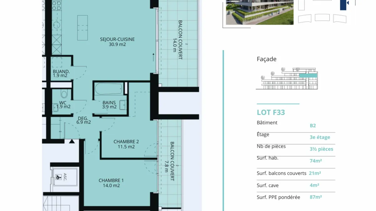 Appartement neuf de 3.5 pièces avec 2 balcons couverts