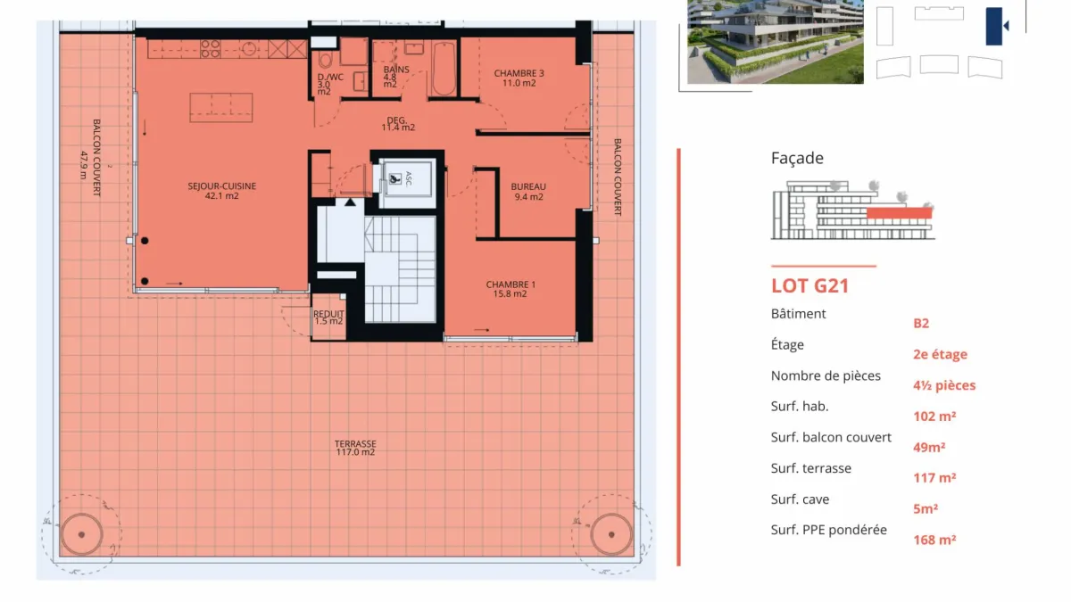 Luxueux 4.5 pièces d'angle de 168m2 avec terrasse de 117m2 au 2ème étage