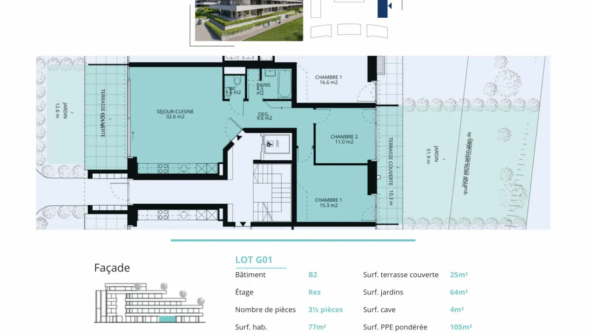 Appartement neuf de 3.5 pièces avec 2 terrasses et 2 jardins Ouest/Est