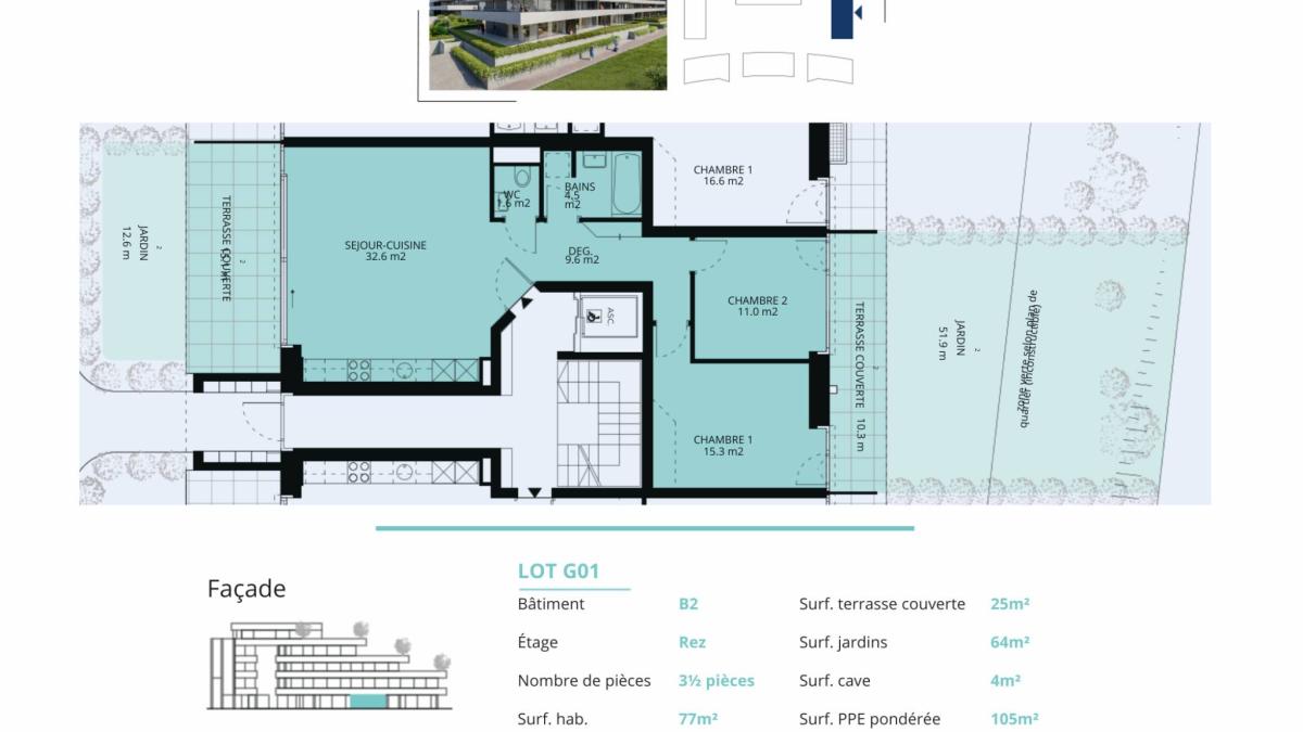 Appartement neuf de 3.5 pièces avec 2 terrasses et 2 jardins Ouest/Est