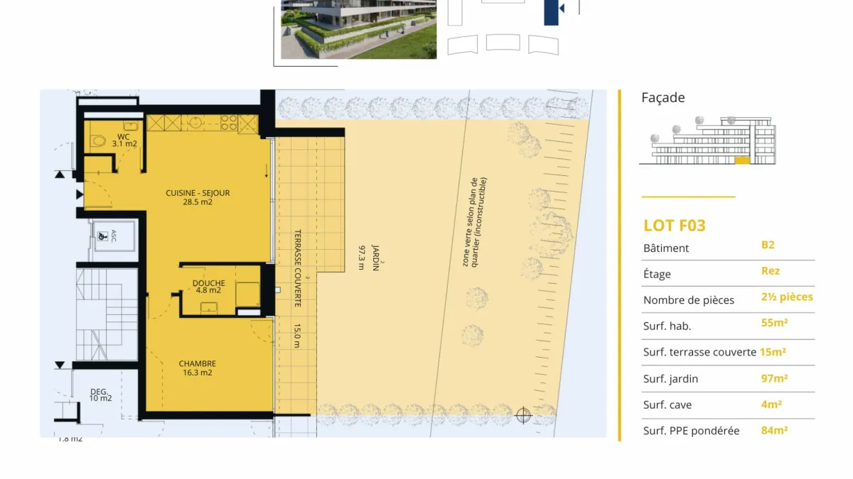 Appartement neuf de 2.5 pièces avec terrasse et jardin