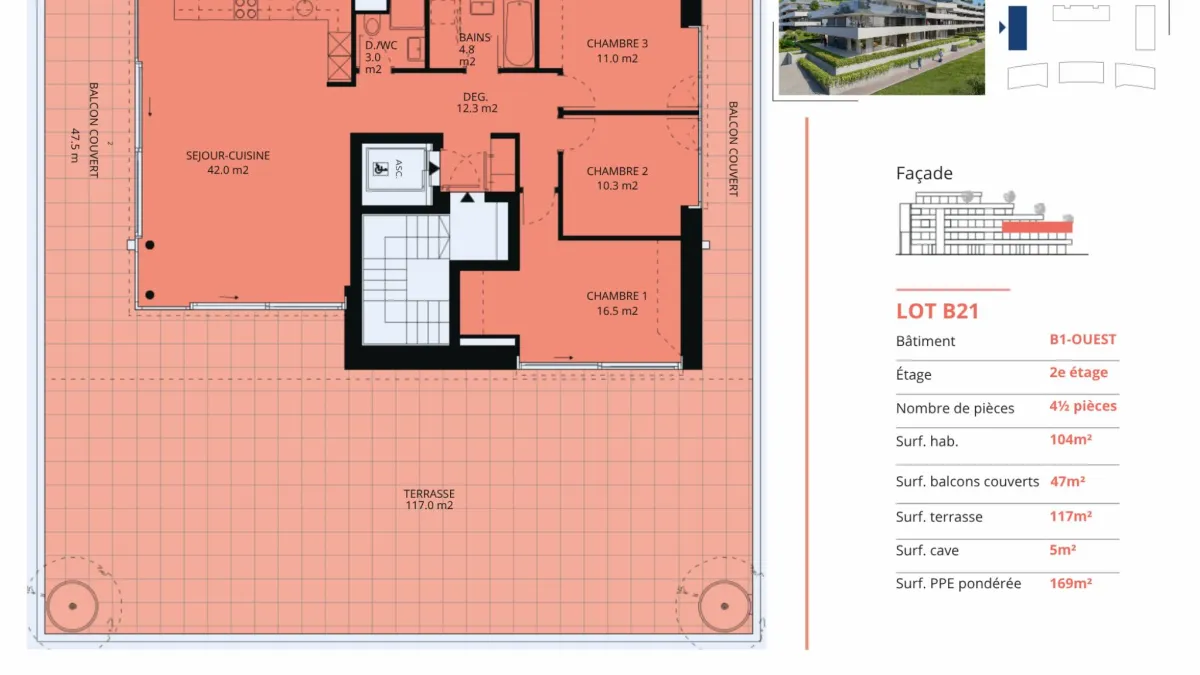 Luxueux 4.5 pièces au 2ème étage avec terrasse de 117m2, balcon de 47m2 et ascenseur privatif 
