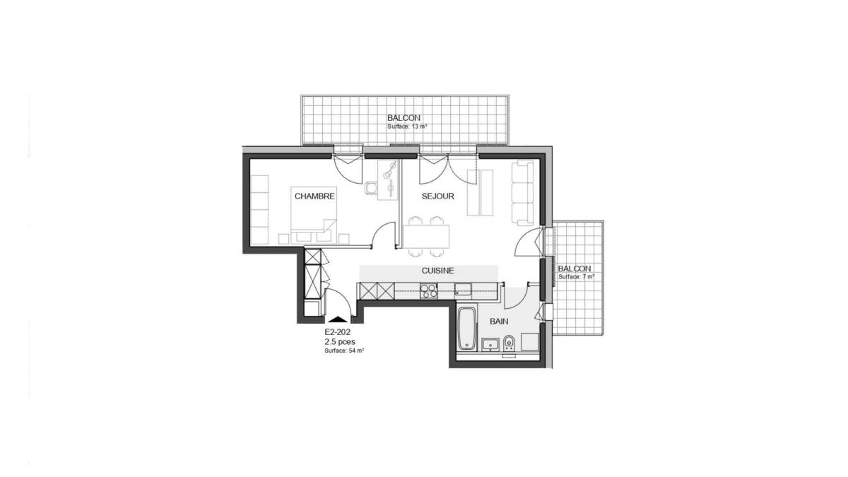 2,5 pièces neuf en angle avec 2 balcons