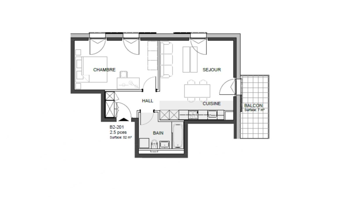 Appartement 2,5 pièces avec balcon.
Finitions au gré de l'acquéreur !