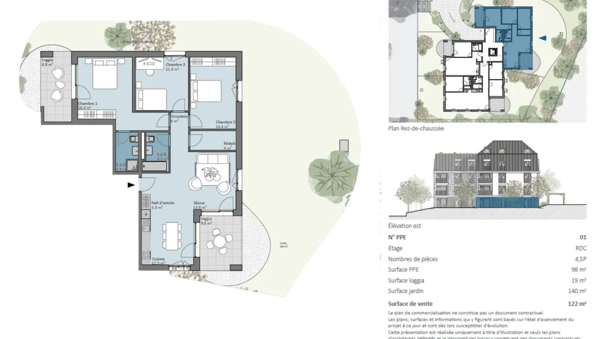 Appartement de 4,5 pièces avec grand jardin de 140m2