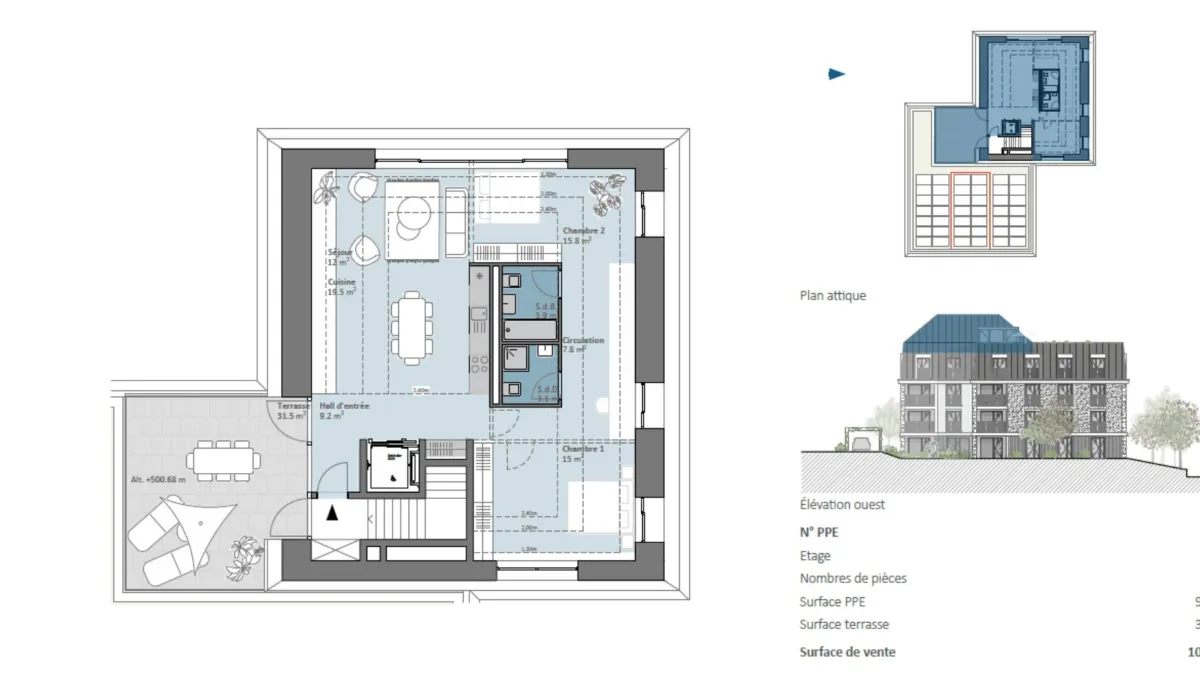 Appartement de 3,5 pièces en attique avec ascenseur et grande terrasse privative