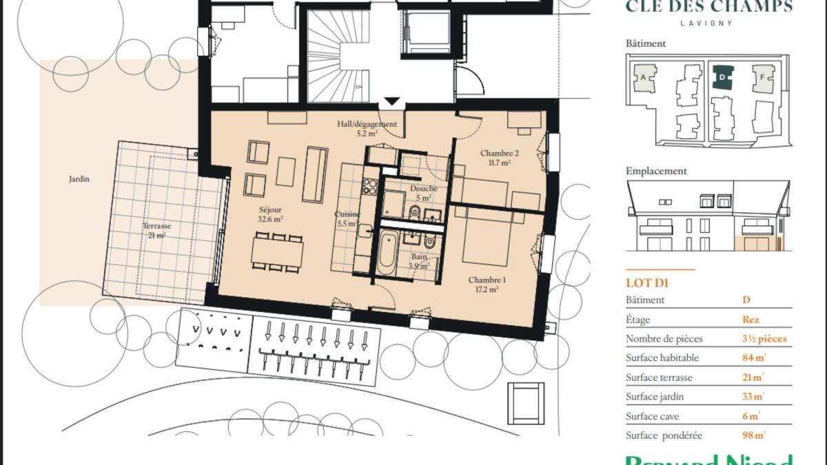 Appartement 3.5 pièces avec jardin et terrasse de 54 m²