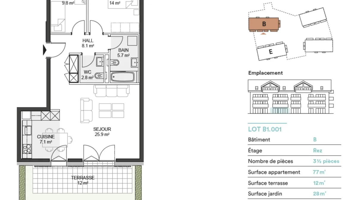 Appartement 3,5 pièces neuf en rez-de-jardin avec terrasse.