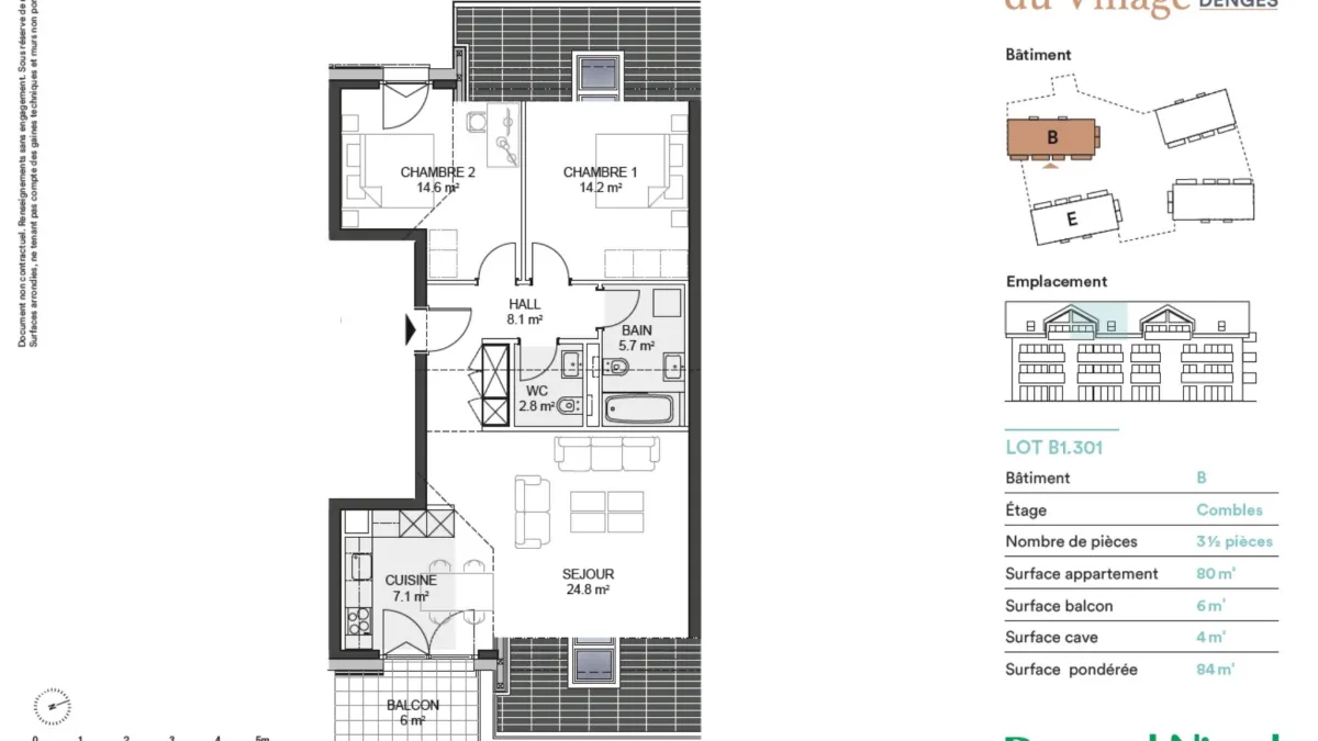 Appartement 3,5 dans les combles de 84m2 avec balcon.