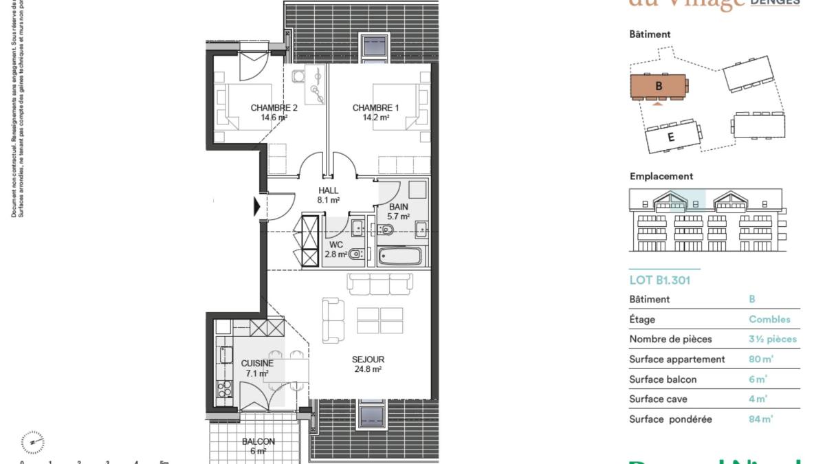 Appartement 3,5 dans les combles de 84m2 avec balcon.