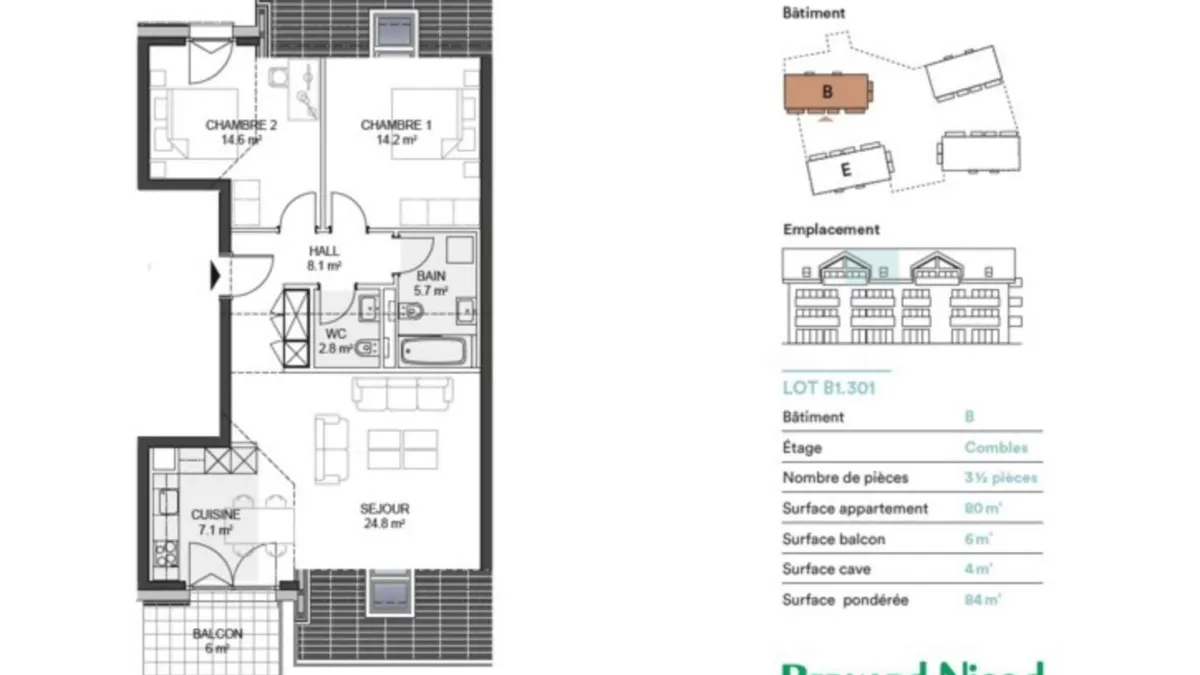 Attique de 3,5 pièces avec balcon