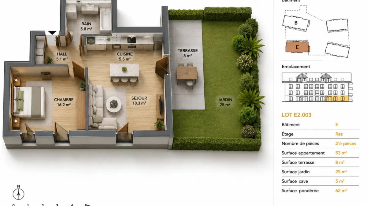 Appartement de 2,5 pièces avec  jardin
