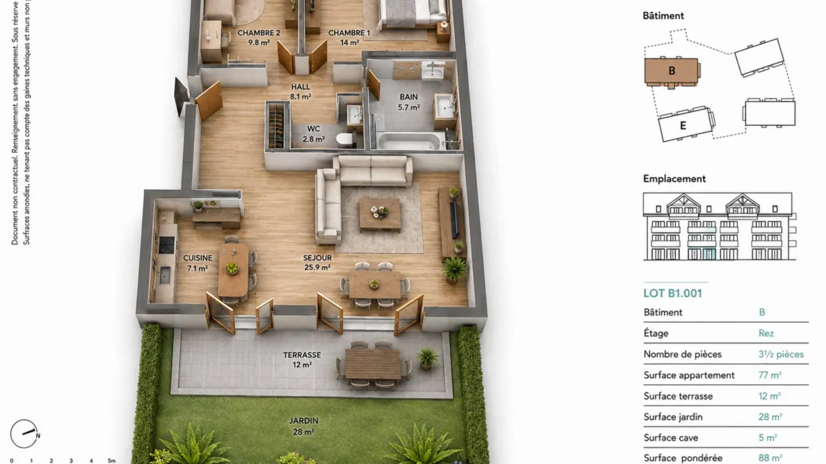 Denges - Rez-de-jardin de 3.5 pièces - 88 m² avec terrasse  de 12 m² et jardin de 28 m² 
