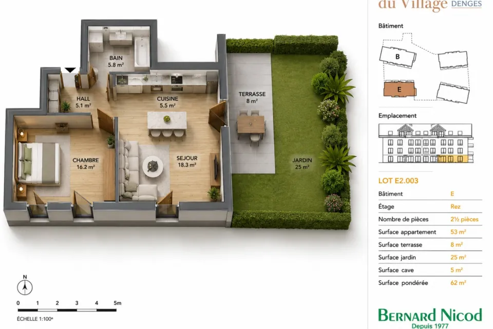 Appartement de 2,5 pièces avec  jardin