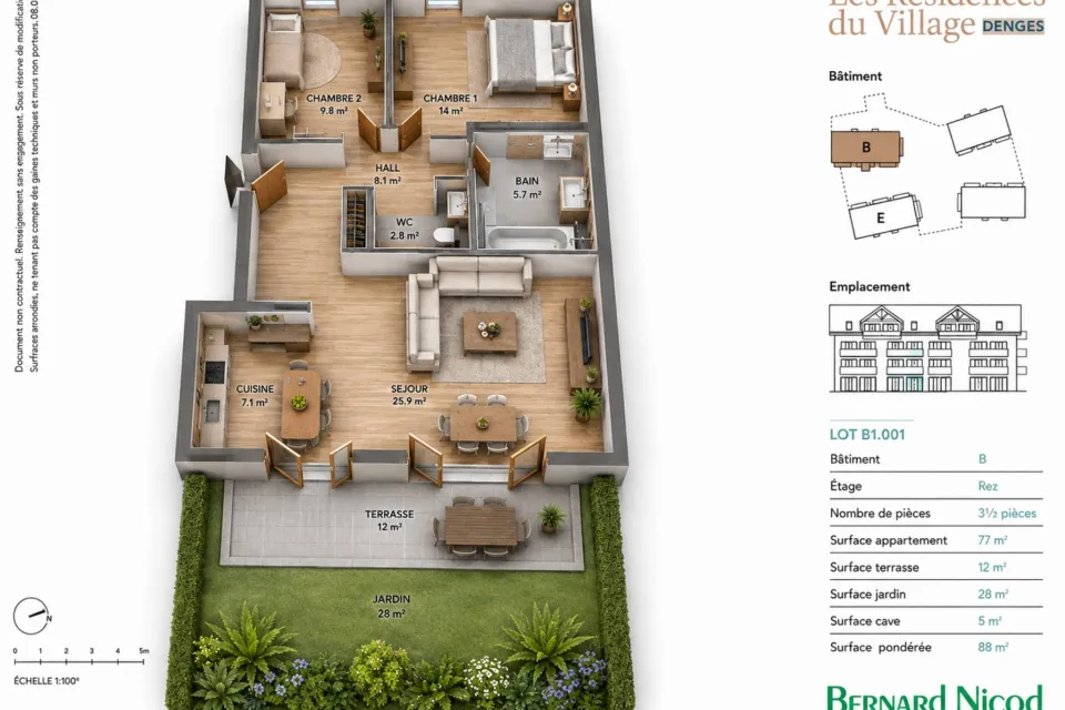Denges - Rez-de-jardin de 3.5 pièces - 88 m² avec terrasse  de 12 m² et jardin de 28 m² 